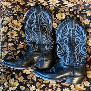 Size 8 black cowboy boots with blue and grey embroidery
